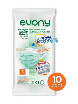 Evony Maske Yumuşak Elastik Kulaklıklı Cerrahi 10 lu