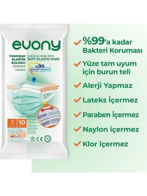 Evony Maske Yumuşak Elastik Kulaklıklı Cerrahi 10 lu