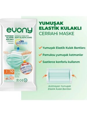 Evony Maske Yumuşak Elastik Kulaklıklı Cerrahi 10 lu