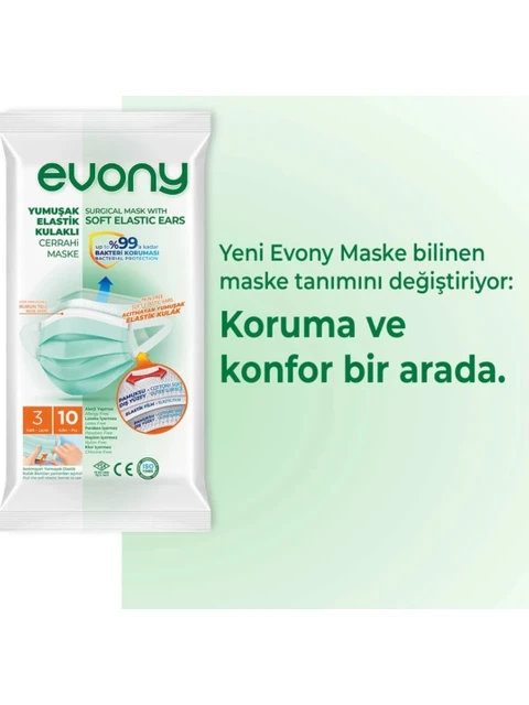 Evony Maske Yumuşak Elastik Kulaklıklı Cerrahi 10 lu