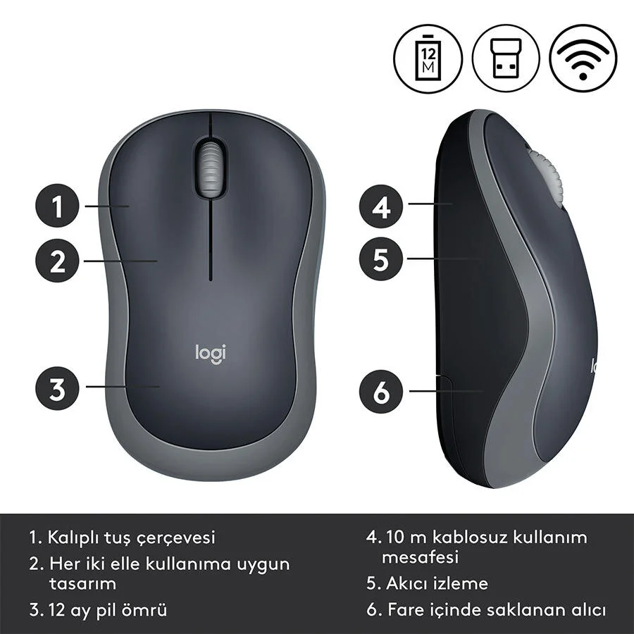 Logitech Kablosuz Mouse Gri M185 910-002235