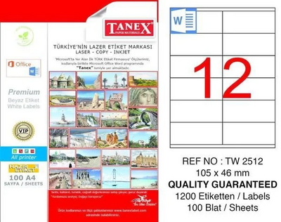 Tanex Etiket A4 Laser 105mmx46mm Tw-2512