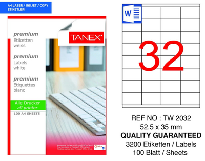 Tanex Etiket A4 Laser 52.5mmx35mm Tw-2032
